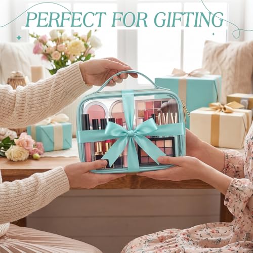 Abbylike 6 Pcs Clear Makeup Bags Bulk 7.9 x 5.9 x 2.4 Inches Quart Size Approved PU Leather Toiletry Bag with Handles Small PVC Clear Travel Cosmetic Case for Women Wedding Bridal Gifts(Lake Bule) - color: Lake Bule