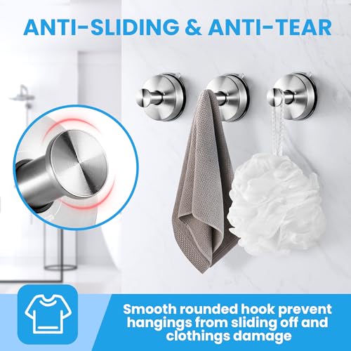 JOMOLA Suction Cup Hooks Suction Shower Hook Bathroom Towel Hanger for Shower Storage Kitchen Utensil Stainless Steel, Brushed Finish, 2PCS - color: Silver