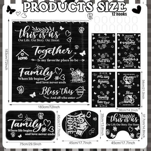 Tatuo 8 Pcs Family Shower Curtain Set Black Home Theme Bathroom Accessories Sets Farmhouse Rustic Waterproof Shower Curtain with Towels Carpet Bath Mat Toilet Rugs and 12 Hooks Housewarming Gift - style: Black Home