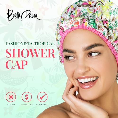 Reusable Bath & Shower Cap Lined, Oversized Waterproof Shower Caps Large Designed for all Hair Lengths with PEVA Lining & Elastic Band Stretch Hem Hair Hat - Fashionista Tropical - color: Tropical