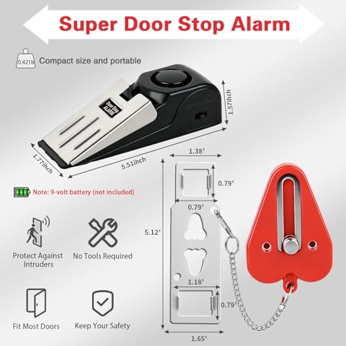 Portable Door Lock & Door Stop Alarm Set, Dual Protection Home Security Door Kit, Travel Hotel Lock Devices Pocket Self Defensey Tools for Traveling Hotel Home Apartment,Red - color: Red