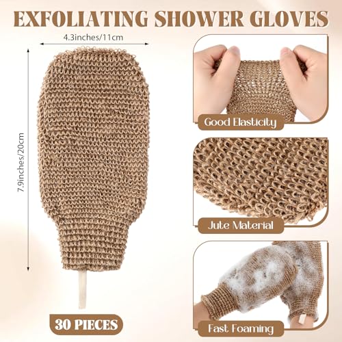 30 Pcs Exfoliating Shower Gloves Stretchable Jute Bath Mitts with Hanging Loop Body Scrubber Exfoliator Loofah Washcloth Deep Clean Dead Skin for Spa Massage Skin Shower Hotel Use(Brown) - color: Brown