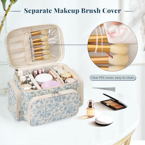 Bagmoly Large Cotton Makeup Bag, Quilted Floral Makeup Bag Organizer for Women Girls with Makeup Brush Compartment & Two Side Pockets, Cosmetic Travel Bag Vertical Storage- Blue Flower - color: 01-Blue Flower, size: Medium