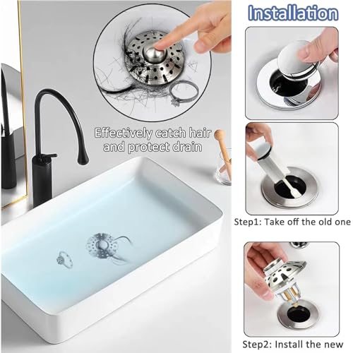 AzWzz Bathroom Sink Drain Strainer, 3 in 1 Pop Up Bathroom Sink Stopper Plug with Hair Catcher Cover, Universal for 1.06 in to 1.6 in Sink Drain, Brushed Nickel - color: Brushed Nickel, style: Bathroom Sink Stopper with Hair Catcher