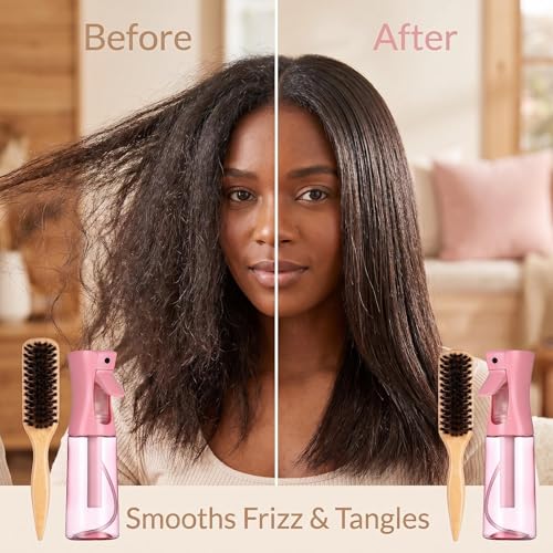 Slick Back Hair Brush,Natural Soft Boar Bristle Hair Brush and Spray Bottles,Made of Soft And Smooth Boar Bristles - Wide Teeth Shape And Define Curls - Styles Women Curly Hair (PINK)