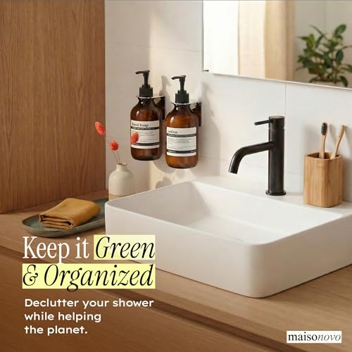 Shampoo and Conditioner Dispenser Wall Mounted Set of 2 Amber Black - No Drill Shower Soap Dispenser for Bathroom Refillable - Spa Hotel Style Accessories by MaisoNovo | 500 ml Shower Gel Dispenser Set of 2. Refillable Shampoo and Conditioner Bottles. Dri
