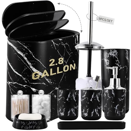 Bathroom Accessories Set, 9-Piece Marble Black Bathroom Set, Black Bathroom Accessories with Slim Trash Can, Soap Dispenser, Toilet Brush, Toothbrush Set, Qtip Holders