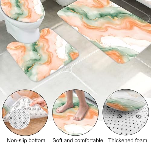 Lnond 4Pcs Marble Bathroom Sets with Shower Curtain and Rugs, Orange Green Marble Modern Art Bathroom Shower Curtain Sets with Rugs and Accessories - color: Orange Green Marble