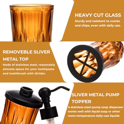 Bathroom Accessories Set,5 Pcs Amber Glass Bathroom Accessory Set, Complete Lotion Soap Dispenser, Toothbrush Holder, Soap Dish, Tumbler & Jar, Modern Bathroom Decor Sets Gift,Round - style: Round(Amber)