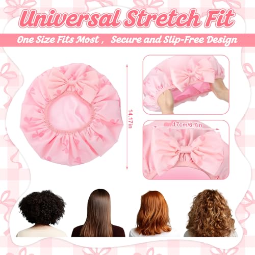 ramede Large Satin Lined Shower Cap for Women Reusable Waterproof Double Layer Bath Cap with Cute Pink Bow Large Washable Bath Caps with Soft Elastic Band Protect Long Hair Braids Locs - style: Pink Bow