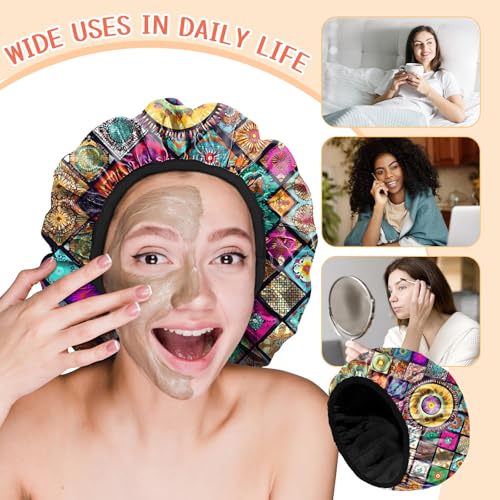 Luxury Shower Cap Terry Lined Reusable Triple Layer Waterproof Hair Elastic Caps Shower Bath Hat for Women Girls Cute Aesthetic-Mandela - color: AL9-Mandela