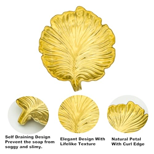 Gold Leaf Bathroom Soap Dish,Ceramic Soap Dish Holder in Palm Leaf Style,Self Draining Design and Used to Hold Various Small Bathroom and Kitchen Accessories - color: Gold