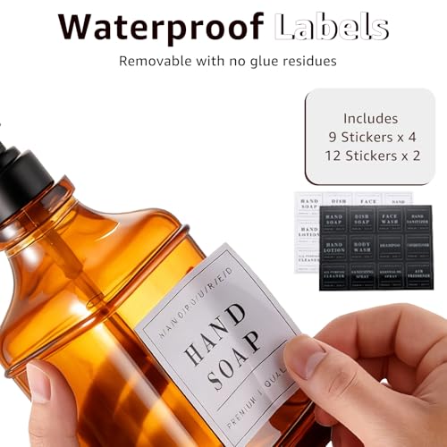 Amber Glass Soap Dispenser with Pump,Tray,Funnel, Countertop Soap and Lotion Dispenser Set of 2 with 60 Stickers, Dish and Hand Soap Dispenser Bottle for Kitchen,Bathroom,Shower,500ml/16.9oz - color: Blk-5070-2b