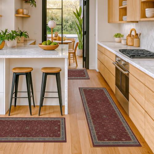 JTJ 3 Piece Kitchen Rug Set, Burgundy Vintage Washable Kitchen Mats, Non-Slip Low Pile Floor Rugs with Stain Resistant Surface for Kitchen Sink, Runner, Laundry Room and Hallway - color: Burgundy