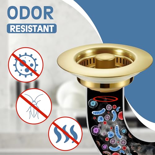 Kitchen Sink Drain Strainer 3 in 1, 304 Stainless Steel Pop Up Sink Stopper, Anti-Clogging Sink Drain Strainer for US Standard Kitchen Drain (Gold) - color: Gold, size: 1 Pack