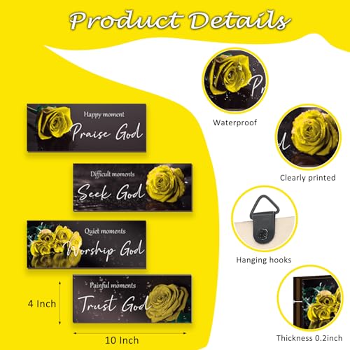 ONIZHITY 4Pcs Yellow Bathroom Decor Yellow Wall Decor Religious Bible Verse Rose Rustic Wooden Christian Sign for Home Bathroom Office Bedroom Living Room Kitchen(10x4") - color: Yellow Rose