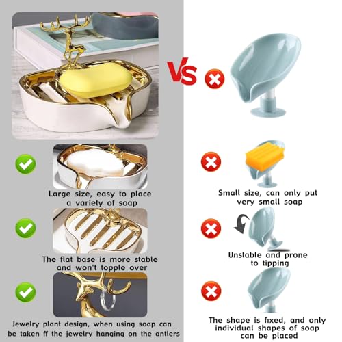 Soap Dish, Luxurious Ceramic Soap Dish Self Draining Soap Holder Tray Easy Cleaning Soap Saver for Shower Bathroom Kitchen Sink Bathtub Hotel Travel（White Painted in Gold） - color: White Painted in Gold