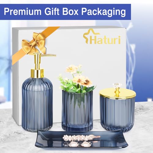 Haturi Bathroom Accessories Set, 4 Pcs Blue Glass Bathroom Accessories Sets Complete w/Lotion Soap Dispenser, Toothbrush Holder, Apothecary Jar, Vanity Tray, Bathroom Decor, Gift for Home Apartment - style: Blue