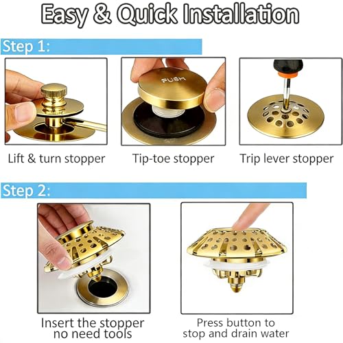 AzWzz Bathtub Drain Stopper, Pop Up Tub Stopper Plug with Bathtub Drain Hair Catcher Cover, Universal for 1.45 in to 1.8 in Tub Drain, Brushed Gold - color: Brushed Gold, style: Tub Drain Stopper with Hair Catcher