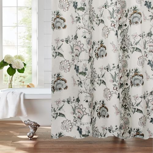 Vintage Floral Linen Shower Curtain - Neutrall Traditional Floral Branches Print Patternl in Sage and Brown ,Botanical Boho Shower Curtain Set for Rustic Farmhouse Country Bathroom Decor 72x72 Inch - color: Indian Flower Branches