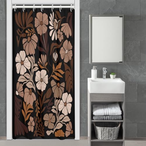 Boho Vintage Floral Shower Curtain Stall Small Short 36x72 Inch, Black Brown Tan Farmhouse Bohemian Flower Botanical Pattern, Retro Plant Abstract Polyester Fabric Mini Bathroom Decor, 7 Hooks - color: Brown, size: 36"W x 72"L (Pack of 1)