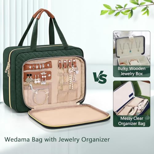 Wedama Toiletry Bag for Women, Hanging Travel Toiletry Bag with Jewelry Organizer Compartment Large Makeup Bag, PVC Waterproof Cosmetic Travel Bag Trips Camping Bathroom, Dark Green - color: Dark Green, size: Large, style: With Jewelry Organizer Compartme