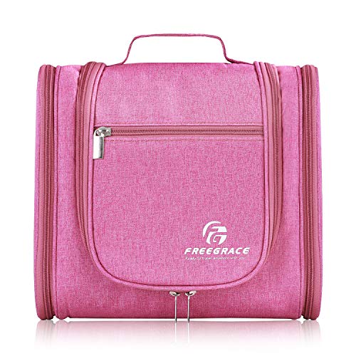 Freegrace Extra Large Hanging Toiletry Bag for Men and Women - Water-Resistant Nylon Travel Bathroom Organizer for Cosmetics, Makeup, and Toiletries - color: Cerise Pink
