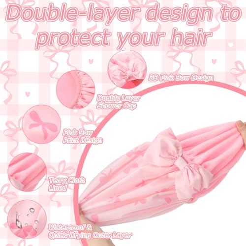 Janmercy Pink Bow Shower Cap for Women Terry Lined Shower Cap Reusable Waterproof Double Layer Bath Bonnet Adjustable Non Slip Quick Dry for Braids Long Straight Curly Hair Women Gifts - color: 3D Bow, style: Pink Bow