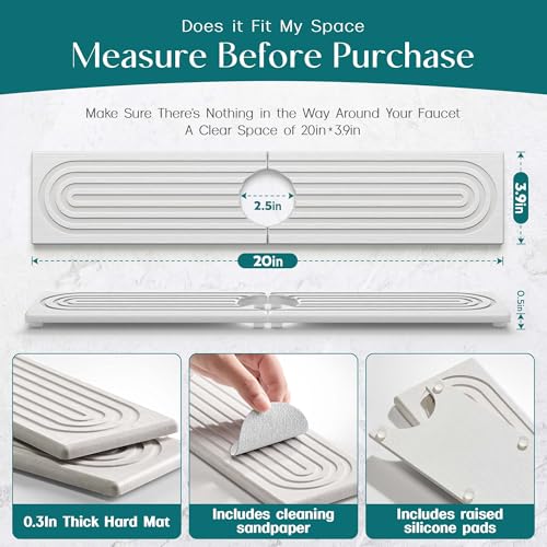 Eormoe Stone Faucet Mat for Kitchen Sink – Diatomite Drying Stone Mat & Sink Protector, Prevents Moisture – Sink Splash Guard Water-Absorbing Stone Tray for Bathroom Counter (Light Grey, 20" x 3.9") - color: Light Grey, size: 20" x 3.9"