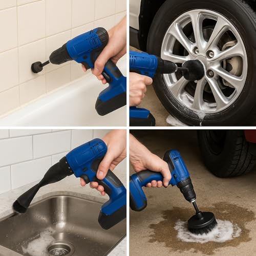 Diamond Shine 5-Piece Firm Bristle Drill Brush Set with 6” Extension Rod – Black Nylon Power Scrubber, 2-5 Inch Heads for Tile, Grout, Tubs & Outdoor Cleaning