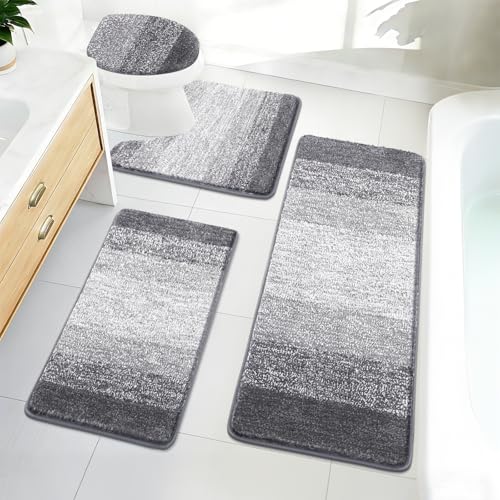 Bsmathom Bathroom Rugs Sets 4 Piece, Soft Absorbent Microfiber Bath Rugs with U-Shaped Contour Toilet Rug and Toilet Lid Cover, Thick Non-Slip Plush Shaggy Bath Mat Set,Grey - color: Grey, size: 18"x26"+18"x48"+U20"x24"+Cover19"x21"