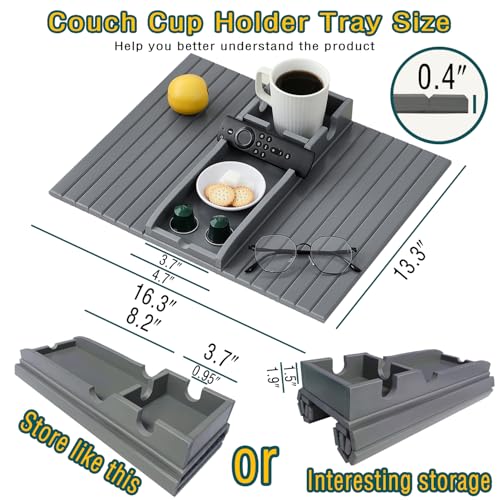 Bamboo Couch Cup Holder Arm Tray，Foldable Couch Drink Holder Armrest Table，Sofa Arm Rest Tray，Flexible Arm Chair Table Recliners for Drink,Cups, Snacks, Phone, Remote (Grey) - color: Grey