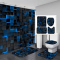 LQCOOL 4 Pcs Blue Shower Curtain Set with Rugs, 3D Cubes Modern Bathroom Set, Black Blue Polyester Shower Curtains for Bathroom with 12 Hooks, Toilet Lid Cover & U-Shaped Mat - color: Black Blue