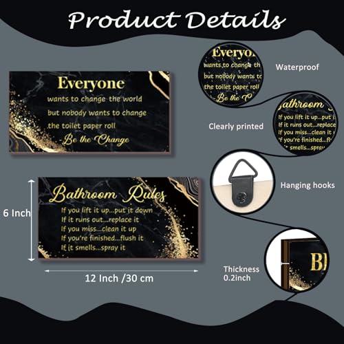 DONFENTHY 2 Pieces Black Gold Bathroom Decor Bathroom Rules Wall Art Rustic Farmhouse Rules Wooden Sign for Toilet Decor (Black Gold 12x6") - color: Black