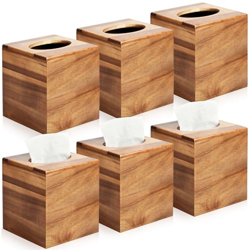 Wooden Tissue Box Cover 6 Pack - Acacia Wood Tissue Box Holder for Bathroom, Office & Farmhouse Decor, Decorative Square Covers for Tabletop Stands - color: Dbrown