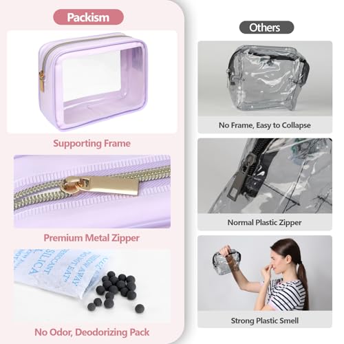 PACKISM Clear Makeup Bag Foldable - TSA Approved Toiletry Bag for Travel | Metal Zipper, Reinforced Seam, Water Resistant, Medium for Carry-on, Large for Checked Luggage, for Car Storage Organizer - color: 2 Pack Purple, size: Hybrid Traveler (1 Large & 1