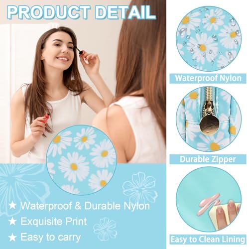 Waterproof Small Floral Makeup Bag Pouch for Purse,Nylon Flower Cosmetic Bag Preppy Travel Toiletry Storage Bag for Women Girl,Cute Makeup Organizer Bag Skincare Bag with Zipper(Small Blue-Daisy) - color: Blue-Daisy, size: Small