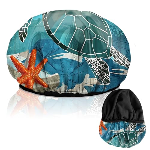 Luxury Shower Cap Terry Lined Reusable Triple Layer Waterproof Hair Elastic Caps Shower Bath Hat for Women Girls Cute Aesthetic-Sea Turtle - color: AL4-Sea Turtle