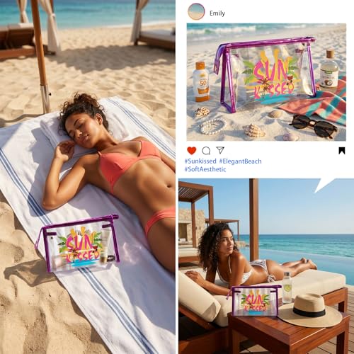 COSHAYSOO Sunscreen Bag Clear Makeup Toiletry Pouch Beach Vacation Essentials for Women Teen Girls Trip Gifts Summer Pool Travel Must Have Accessories Waterproof Stuff - color: Multi-Sun Kissed