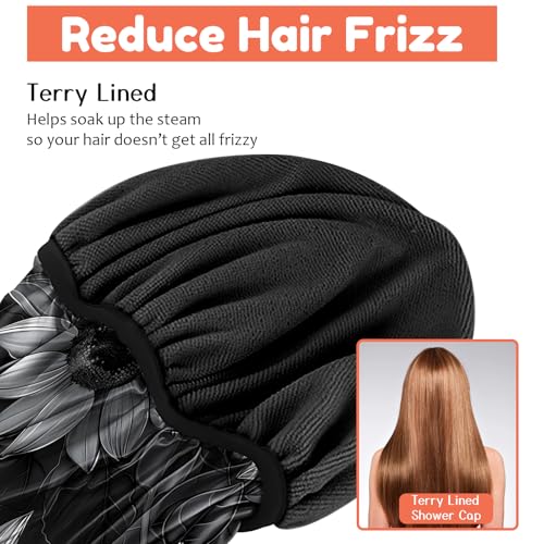 Luxury Shower Cap Terry Lined Reusable Triple Layer Waterproof Hair Elastic Caps Shower Bath Hat for Women Girls Cute Aesthetic-Black Sunflower - color: AL10-Black Sunflower
