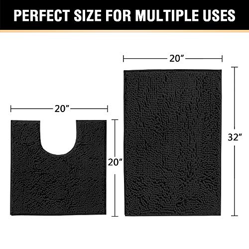 H.VERSAILTEX Original Luxury Chenille Bathroom Rug Mat (32" x 20"/20" x 20"), Extra Soft & Absorbent Shaggy Rugs, Machine Wash/Dry, Perfect Plush Carpet Mats for Tub (Curved Set, Black) - color: Black, size: 20" x 32" Plus 20" x 20"