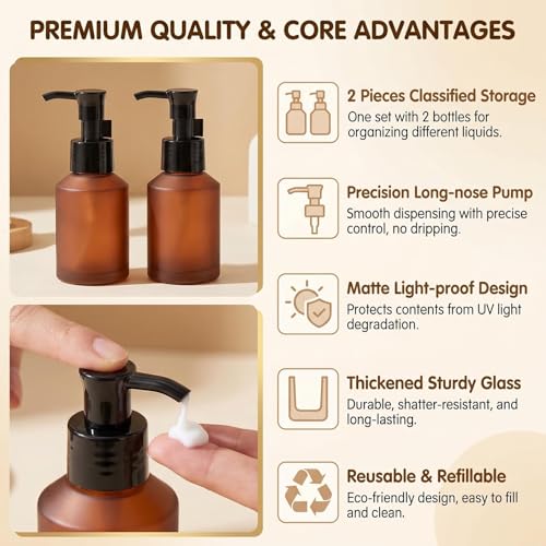 2Pcs 60ml 2oz Amber Frosted Glass Pump Bottles Lotion Dispenser Empty Refillable Travel Size Cosmetic Toiletries Sample Storage Container Vial Jar with Black Pump for Shampoo Cream
