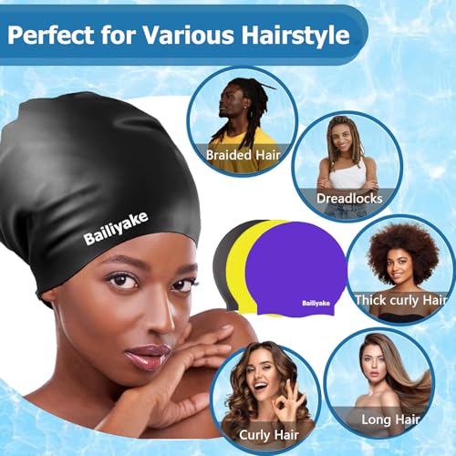 3 Pack Extra Large Swim Cap for Braids & Dreadlocks - Waterproof Silicone Swim Hat for Women with Long Thick Hair, Protective Swim Cap Cover Ears for Swimming, Shower, Bathing - color: Black+Purple+Yellow