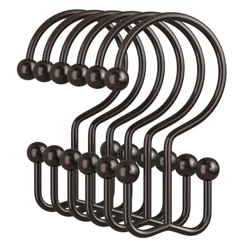 Amazer Bronze Shower Curtain Hooks, 12PCS Minimalist Simple Double Shower Curtain Rings, Rust-Resistant Metal Shower Hooks Shower Curtain Hangers, Shower Rings for Bathroom Shower Rods Curtains - color: Bronze, style: Minimalist - Double Hooks