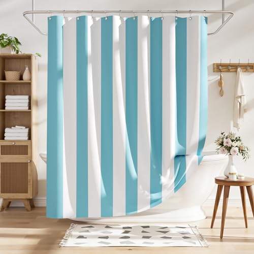AmazerBath Blue Vertical Stripes Shower Curtain, Cute Blue Stripe Bathroom Shower Curtain with 12 Shower Curtain Hooks, Rustic Fabric Blue and White, 72x72 Inches - color: A- Blue Vertical Stripe+12 Metal Hooks, size: 72"W x 72"L (Pack of 1)