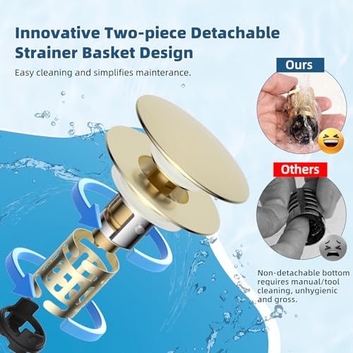 Hibbent Upgraded 3 in 1 Bathroom Sink Drain Strainer, Pop Up Sink Stopper with Big Push Cap, Anti-Clogging Metal Filter Basket,Sink Plug with Hair Catcher for 1.1''~2.36'' Basin, Brushed Gold - color: Brushed Gold