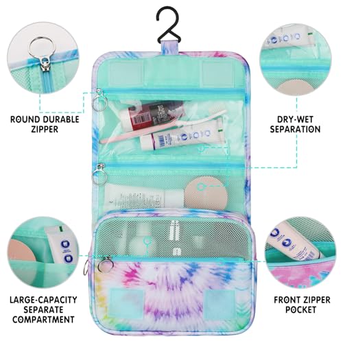 Kids Hanging Toiletry Bag for Girls, Travel Toiletry Bag for Teen Girls Tie Dye Cosmetic Makeup Waterproof Wash Bag Traveling Toiletries - color: Tie Dye-Teal-G