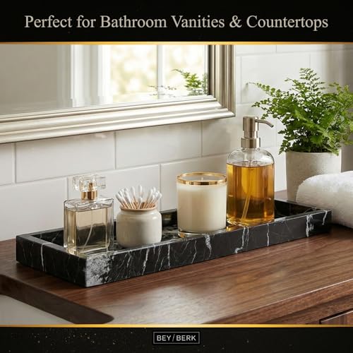 Bey-Berk Atticus Black Zebra Marble Bath Tray, 14.25" Rectangular Vanity Organizer, Bold Stone Accent - color: Black Zebra