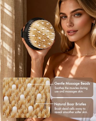 Dry Brushing Body Brush for Massage - Natural Boar Bristle Exfoliating Brush with Massage Nodes for Lymphatic Drainage, Cellulite, Blood Circulation Improving Skin Health for Women Men Elderly(Black) - size: Round 4.3 in-Black
