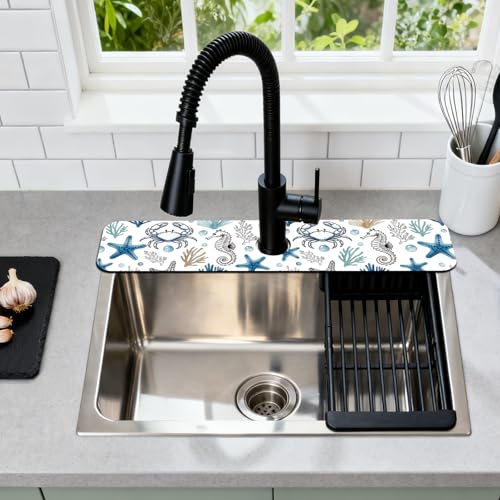 2 Pcs Summer Kitchen Sink Splash Guard Faucet Mat Marine Animals Faucet Mat for Sinks Absorbing Drying Mats for Kitchen Bathroom, 23.6x5.5inch - color: Marine Animals